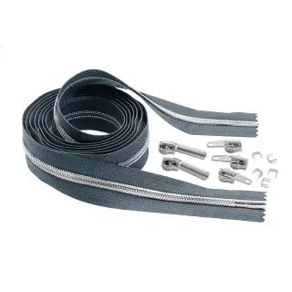 buttinette Endlosreißverschluss im Set, mit silberfarbiger Spirale 6,5 mm, 2 m, blau-grau