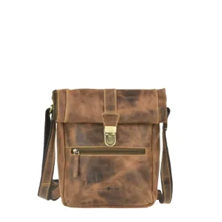 Umhängetasche mit Überschlag Leder antikbraun 24x27x8cm | Greenburry Stilvolle Schultertasche für Damen im Vintage Used-Look mit Foldflap.