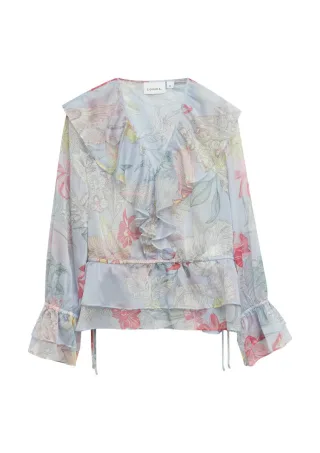 comma - Chiffonbluse mit Volant-Details blau/pink - Gr. - 38