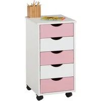 IDIMEX Rollcontainer LAGOS, Bürocontainer aus Massivholz mit 5 Schubladen Weiß/Rosa