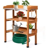 LALAHO Pflanztisch 3 Ablagen, Gärtnertisch mit verzinkter Arbeitsplatte, Garten-Blumentisch für Outdoor, wetterfest, 74x36x90cm, Holzfarbe