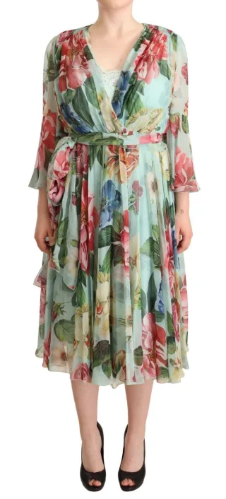 Blumenmuster Seiden-Midi-Kleid