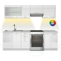 Vicco Küchenzeile Raul, Weiß/Weiß, 240 cm, AP Marmor mit LED-Leisten
