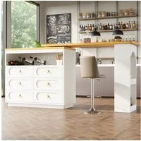 Flieks Bartisch Kommode mit 360° drehbarer Stehtisch (Arbeitsplatte Länge 137-203 cm, 2-St., 2er Set), schwenkbar Esstisch & Sideboard mit 6 Schubladen und Ablagen Weiß