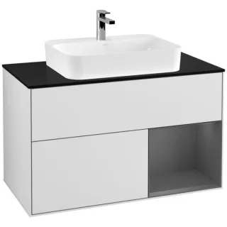 Villeroy und Boch Finion Waschtischunterschrank G372GKMT 100cm, Abdeckplatte black matt, Emotion, Regal rechts Anthracite matt, White matt lacquer