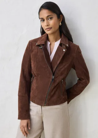bonprix Biker-Velourslederjacke, braun, Gr.42, coole Biker-Lederjacke aus hochwertigen Veloursleder, aus Veloursleder