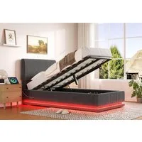 LVHOM Boxbett 90/140/160/180x200cm Nadelstreifen Bettgestell mit Bettkasten (mit LED-Leuchten in 12 Farben, Seitlicher USB-Ladeanschluss, Integriertes Hydrauliksystem, Weicher, hautfreundlicher Samtstoff, Platzsparend, Polsterbett/Doppelbett/Stauraum