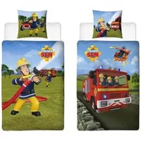 Familando Kinderbettwäsche Feuerwehrmann Sam 135x200 + 80x80 cm - 100% Baumwolle - Reißverschluss, Renforcé, 2 teilig, mit Wendemotiv auf Decke und Kissen