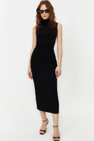 Dunkelblaue, einfarbige, lange, ärmellose, lässige, taillierte Kleider für Damen