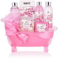 BRUBAKER Pflege-Geschenkset Wellness Geschenkset für Frauen Kirschblüten Duft, 8-tlg., Beauty Dusch- und Badeset für Damen, Pflegeset in Deko Badewanne, Rosa