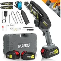 MASKO Akku-Kettensäge Mini Kettensäge 800W Elektrische Motorsäge mit Automatischem Ölsystem, Inkl. Koffer, 2x 4000mAh Akkus, 2x extra Ersatzketten & Handschuhe, 8000mAh Handkettensäge für Astschnitte & Holzarbeiten