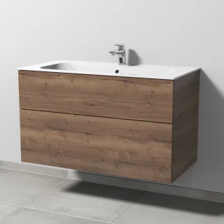 Sanipa 3way Keramik-Set Finion Keramik-Waschtisch und Unterbau mit 2 Auszügen, Eiche-Tabak SM40150