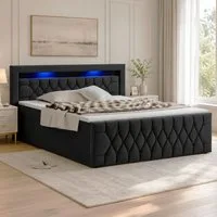 Juskys Polsterbett Leona, 140x200 cm, Boxspringbett-Optik, Samt-Bezug, LED-Licht, H4 Matratze