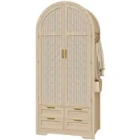 Merax Kleiderschrank mit Stofftüren, Schublade & Kleiderstange (Kommode, 1-St., für Gäste- & Ankleidezimmer) Garderobenschrank mit geschwungenen Türen & Rattanfront, 80x50x179 cm
