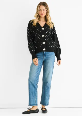 Schwarzpunkt-Print-Knopf-Cardigan-Look-Pullover