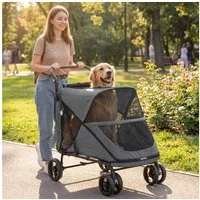 PawHut Hundebuggy Faltbar Hundetrolley mit 360°Drehrädern Kissen Verstellbarer Griff, (Hundewagen, 1-tlg), für große mittelgroße Hunde bis 30 kg Grau