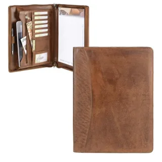 Schreibmappe A4 Reißverschluss Leder cognac A4-Format | Bear Design. Professionelle Konferenzmappe mit Tabletfach und Kartenfächern für Ihre Termine.
