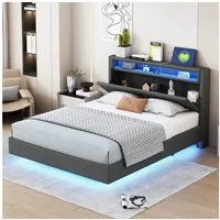 Flieks Polsterbett, LED Doppelbett 140x200cm mit USB-Laden und Stauraum am Kopfteil Leinen