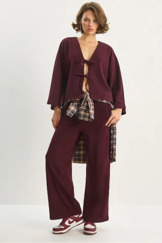 V-Ausschnitt Strickjacke und weit geschnittene Hose Set