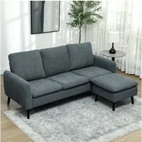 HOMCOM Ecksofa 3-Sitzer-Sofa mit Fußhocker, Stoffbezug 1 Teile, L-förmiges Couch, Dunkelgrau