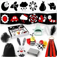 POPOLIC Lernspielzeug Kontrastkarten Baby - 29 Pcs Montessori Baby Spielzeug 0-12 Monate (0 3 6 12 Monate Neugeborenen Spielzeug, Schwarz Rot Babys Stoffbuch mit Spiegeln), Kontrastkarten Babys, Babies Geschenk