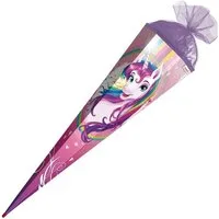 Roth Schultüte Einhornportrait, 100 cm, eckig, mit lilafarbigem Tüllverschluss, Zuckertüte Schulanfang