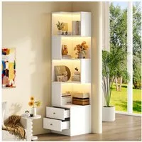 Flieks Bücherregal Standregal Eckregal mit LED-Beleuchtung und 6 Ebenen/5 Ebenen, B63,5/T45/H180 cm 1-tlg., Eckbücherregal mit 4 Fächer & 2 Schubladen L-förmig Hochschrank Weiß