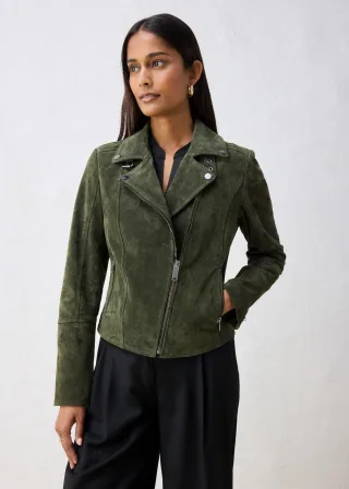 bonprix Biker-Velourslederjacke, grün, Gr.44, coole Biker-Lederjacke aus hochwertigen Veloursleder, aus Veloursleder