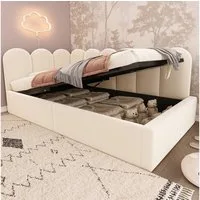 Celya Polsterbett Daybett 90x200 cm,Tagesbett Schlafsofa mit hydraulischem Stauraum (ohne Matratze), Kinderbett mit Metall-Lattenrost, Samt, Beige