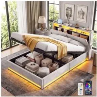 oyajia Polsterbett LED Doppelbett 140x200cm, Stauraumbett mit Kopfteil, Samt (mit Komforthöhe, Leises Design Bett), Stauraumbett mit Hydraulische Metallrahmen und Lattenrost aus Holz