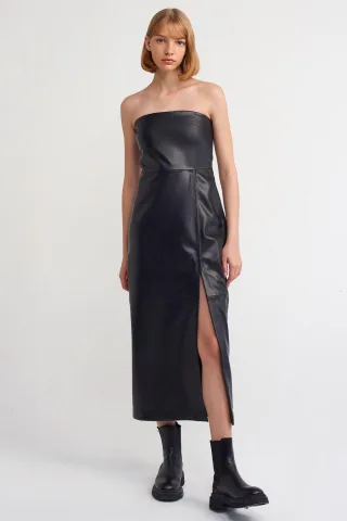 Damen Trägerloses Midi-Kleid aus Kunstleder