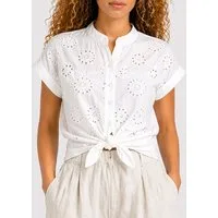 Mississhop Shirtbluse Damen Bluse Weiß Baumwolle – Lochstickerei und Stickerei, Kurzarm S/M