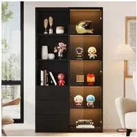 BlingBin Glasvitrine LED-Vitrine, Standvitrine mit Glastüren (Bücherschrank, 1-St., 80 x 40 x 160 cm) Vitrinenschrank mit Glastür,3 Schubladen und 3 offenen Fächern,Schwarz