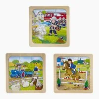 goki Konturenpuzzle Einlegepuzzle Bauernhof, Feuerwehr 3er Set, 9 Puzzleteile, aus massivem Holz gefertigt