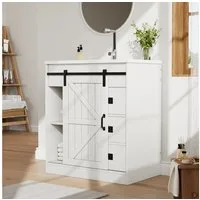 HAUSS SPOLE Waschtisch mit Scheunentor-Design,Waschtischunterschrank mit Keramikwaschbecken (Badezimmerschrank mit Scheunentor-Design & Feine Details, mit einem glänzenden Keramikwaschbecken), mit vielseitigen Stauraum