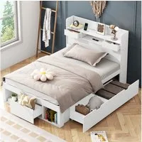 Flieks Holzbett, Einzelbett 90x200cm mit USB-Laden & Schubladen & Stauraumfächer