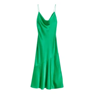 Ted Baker Tunca Satin-abendkleid In Grün Mit Wasserfallausschnitt, Midi-länge