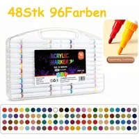 MOPUEA Lackmarker Acrylmarker Set 96 Farben DIY Marker Set Doppelspitzen Schnelltrocken, (Acrylmarker Set mit 96 Farben und Aufbewahrungsbox, 48-tlg., 96 Farben für DIY Basteln Zeichnen und Handlettering), Schnelltrocknend geruchsarm und sofort einsa