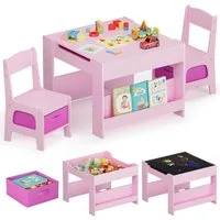 TLGREEN Kindersitzgruppe 3-in-1 Multifunktional mit Whiteboard & Kreidetafel, (Maltisch & Schreibtisch mit Großen Stauraum & Buchständer, Spieltisch für Lego Kinderzimmer), Klappbar, Sicher, für Jungen Mädchen ab 3-6 Jahren