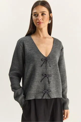 Button Detail Strick V-Ausschnitt Cardigan