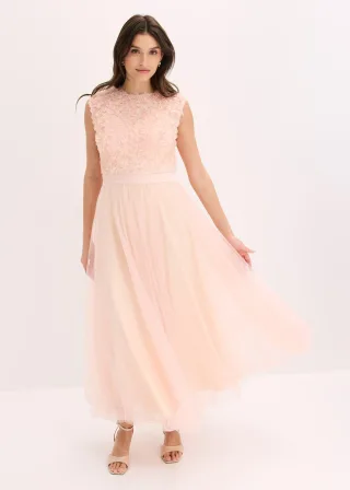 bonprix Abendkleid aus zartem Tüll mit Blumen-Details, rosa, Gr.44, Maxikleid aus zartem Tüll mit Satin-Einsatz in der Taille und Blumen-Detail-Spitze im Oberteil