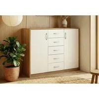 Home Collective Kommode mit 5 Schubladen und 2 Türen in matter Ausführung, Kommode 110cm breit (mit hochwertigen Polymergriffen, aus laminierter Platte gefertigt, Metallrollen mit Auszugsstopp), Holz Schrank Sideboard Highboard Kommode mit Schubladen