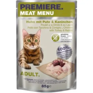 PREMIERE Meat Menu Nassfutter Katze Adult Huhn mit Pute und Kaninchen 24x85 g