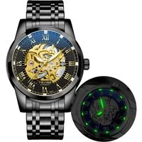 MOPUEA Mechanische Uhr Quarzuhr Automatische Armbanduhr römische Zahl Herren Skelett, (Dreidimensionales Felgendesign Fashion, Wasserdicht & Kratzfest, 1-tlg., Automatikuhr für Herren, 3D-Skelett-Design), schwarz, Edelstahl, 30 m wasserdicht, Nachtli
