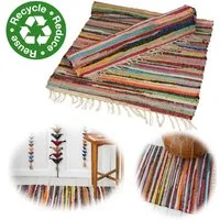 LS-LebenStil Teppich Fleckerlteppich Dehli 90x60cm Recycelt Baumwolle Boho Flickenteppich, rechteckig, Läufer Fransen Vorleger für Wohnzimmer Flur Kinderzimmer Badezimmer