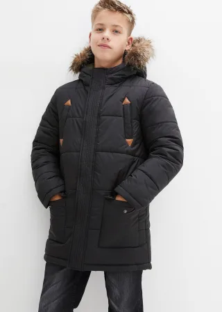 bonprix Winterparka mit Lederimitat-Details und Fellkapuze, schwarz, Gr.152/158, Schöne Jungen Funktions-Winterjacke mit Kapuze