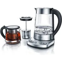 Arendo Wasserkocher Glas, Temperatureinstellung, Teesieb & Aufsatz, Türkischer Teekocher, 1,7 l, 2400 W, mit Teeaufsatz, Temperatureinstellung 70 - 100° C, Abschaltautomatik