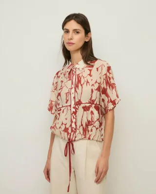 yerse - Kurzarmbluse mit Allover-Print und Tunnelzug beige/rot/orange - Gr. - M