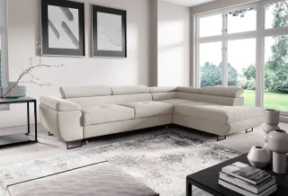 Ecksofa mit Schlaffunktion DECLAN Stoff Poso Altweiß Ottomane Rechts