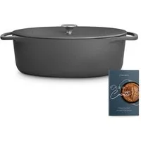 Springlane Bräter Cocotte Grau mit Deckel, Gusseisen, 6,5 L, Ø 33cm, Oval, Gusseisen emailliert, Ideale Feuchtigkeitsverteilung durch Tropfenstruktur